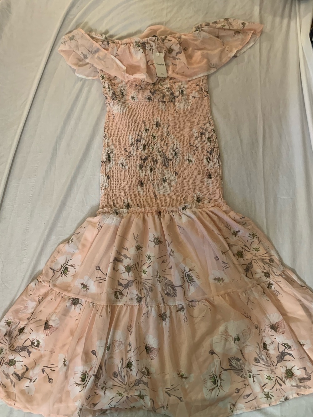 Simple Peach Pink Floral Off-Shoulder Tiered Dress